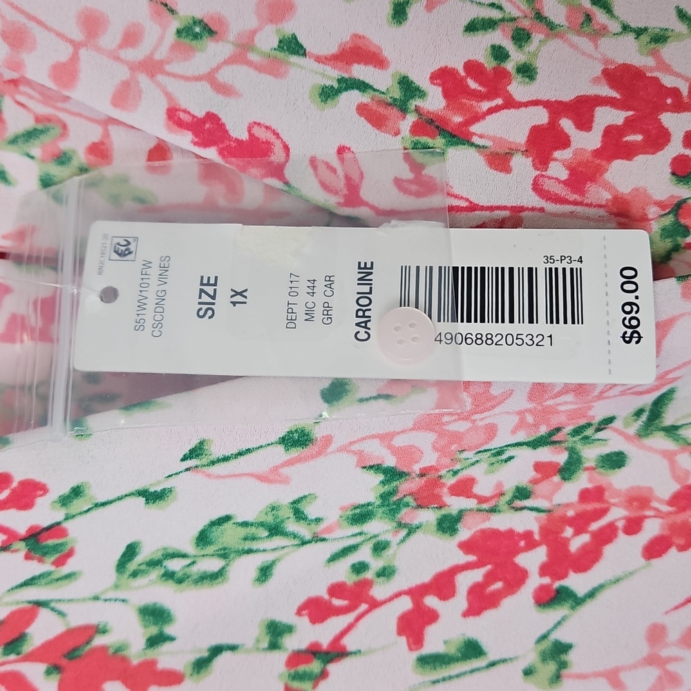 Investments 3/4 Sleeve Button Front V-neck Top: Pink W/Floral:Size- 1X - Picture 8 of 14